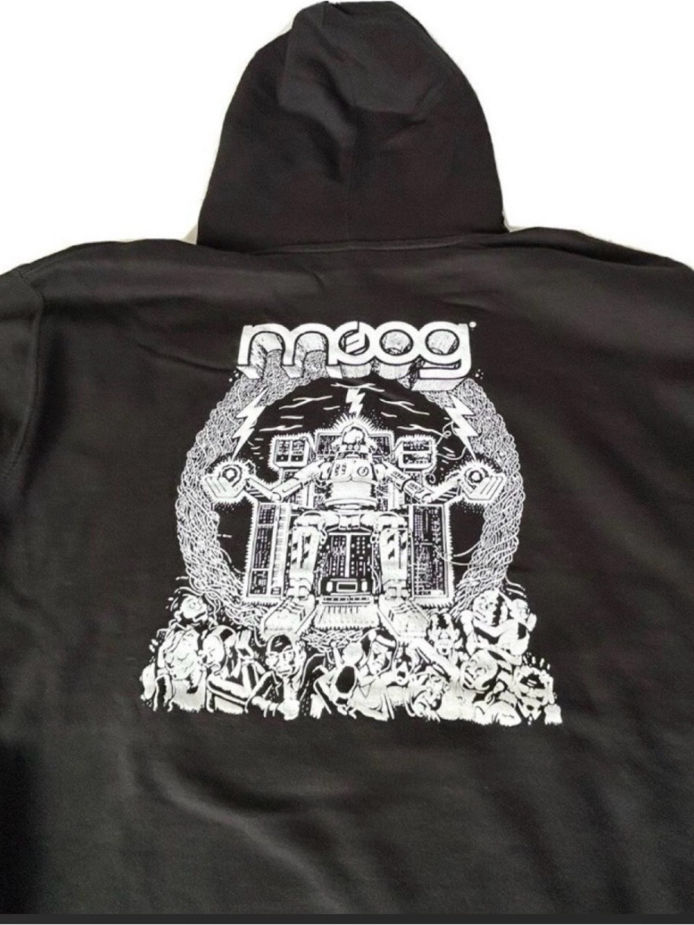 Black Graphic Hoodie - Retro Synth Robot Back Print size large